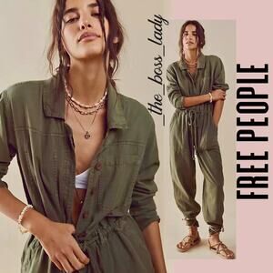 Free People jumpsuit green military cargo style utility cotton belted XS